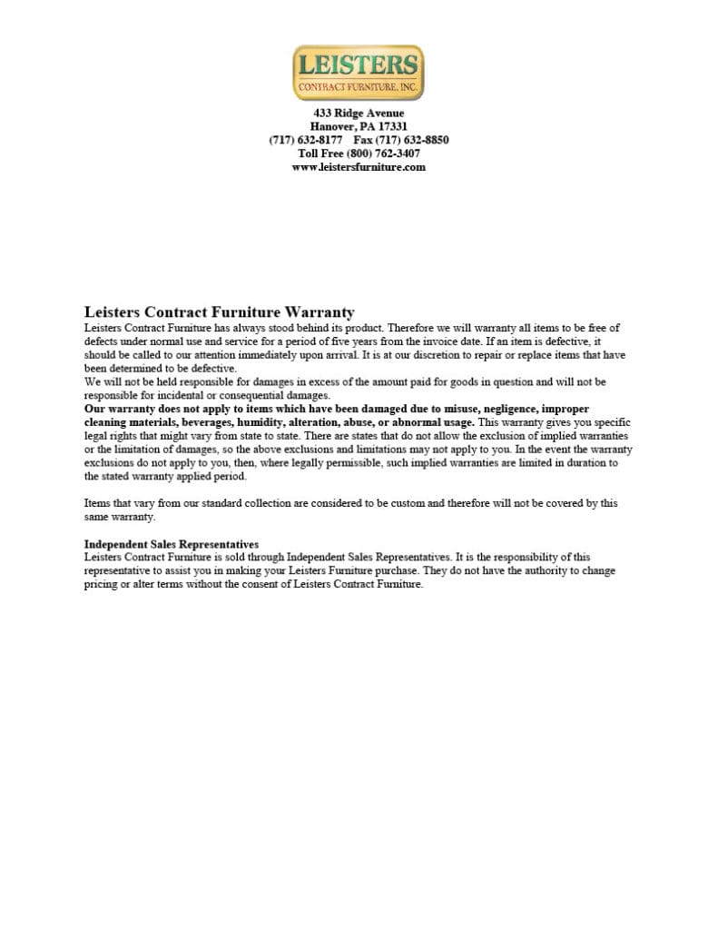 Leisters Contract Furniture Warranty Leisters Furniture
